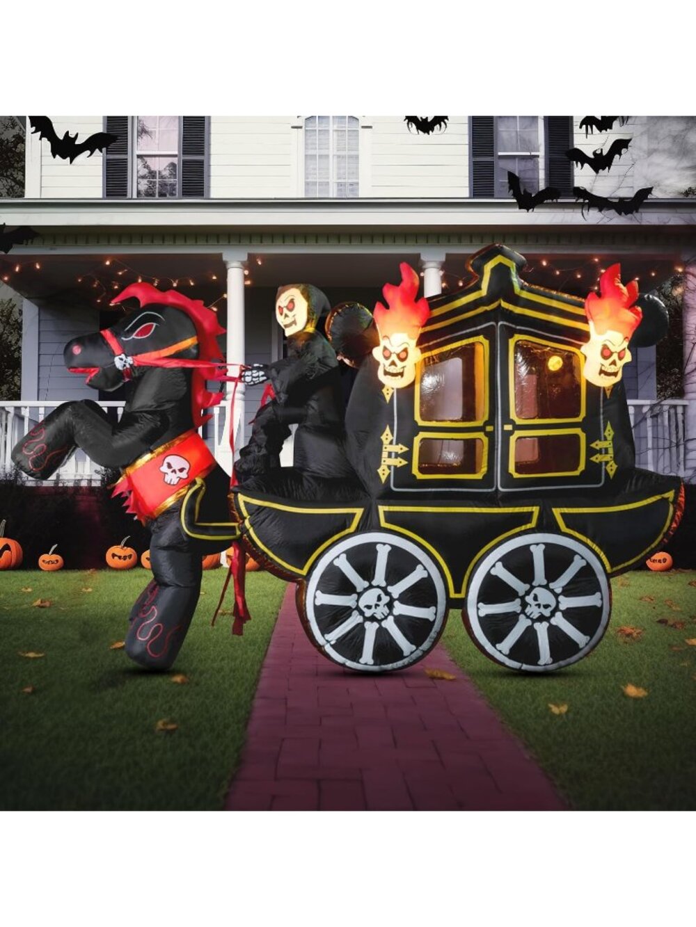 🎃10 Ft Long Halloween Inflatables Carriage with Hellfire Design Build-in LEDs
